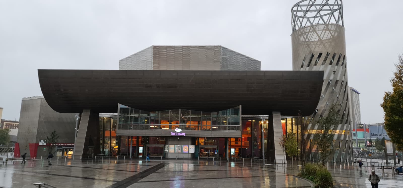 The Lowry theatre at Salford Quays on a wet day